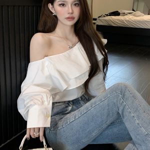 Plus Size Ruffled Off-Shoulder Long Sleeve White Top for Women, Autumn French Style, Flattering Design for Curvy Figures