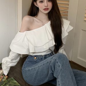 Plus Size Ruffled Off-Shoulder Long Sleeve White Top for Women, Autumn French Style, Flattering Design for Curvy Figures