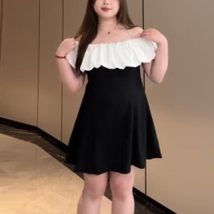 Plus-Size Ruffled Off-Shoulder Sexy Birthday Dress - Fitted Summer Style for Curvy Women, Slimming Aristocratic Look