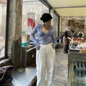 Plus Size Ruffled Tie-Dye Deep V-Neck Sheer Mesh Slim Fit T-Shirt - Hot Girl Style, Trendy Summer Fashion, Y2K Vibes