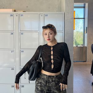 Plus Size Sexy Hollow Out Long Sleeve T-Shirt - Retro Autumn Style, Trendy Hot Girl Base Top