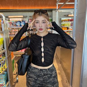 Plus Size Sexy Hollow Out Long Sleeve T-Shirt - Retro Autumn Style, Trendy Hot Girl Base Top