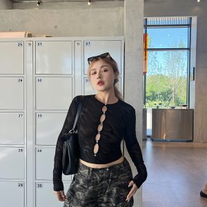 Plus Size Sexy Hollow Out Long Sleeve T-Shirt - Retro Autumn Style, Trendy Hot Girl Base Top