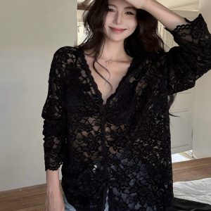 Plus Size Sexy V-Neck Long Sleeve Lace Top for Women - Elegant Hollow-Out Sheer Blouse for Autumn & Winter, Loose & Slimming Fit