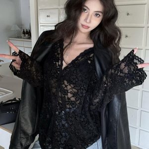Plus Size Sexy V-Neck Long Sleeve Lace Top for Women - Elegant Hollow-Out Sheer Blouse for Autumn & Winter, Loose & Slimming Fit
