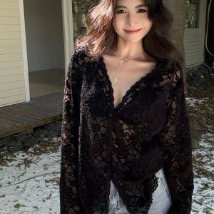 Plus Size Sexy V-Neck Long Sleeve Lace Top for Women - Elegant Hollow-Out Sheer Blouse for Autumn & Winter, Loose & Slimming Fit