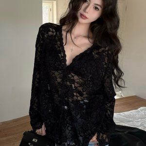Plus Size Sexy V-Neck Long Sleeve Lace Top for Women - Elegant Hollow-Out Sheer Blouse for Autumn & Winter, Loose & Slimming Fit