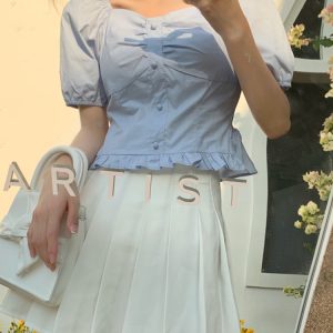 Plus-Size Short Sleeve Bubble Collar Shirt for Women - Summer 2025 French Style Cropped Clavicle Top, Slimming Tummy-Covering Design