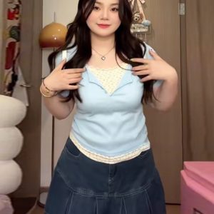 Plus-Size Slim-Fit Short Sleeve Floral Patchwork T-Shirt - Summer Design, Faux Two-Piece Style for Women