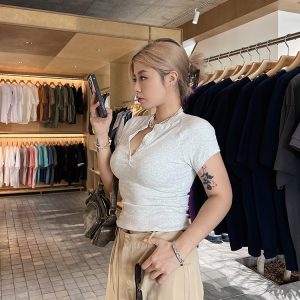 Plus-Size Slim-Fit Summer Top for Curvy Girls, Trendy Button Detail Tee, Casual Fashion Essential