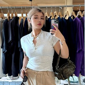 Plus-Size Slim-Fit Summer Top for Curvy Girls, Trendy Button Detail Tee, Casual Fashion Essential