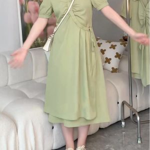 Plus-Size Slimming Dress for Women with Tie Waist, Concealed Belly, Short Sleeve, High-End Feel, Perfect for Summer Events