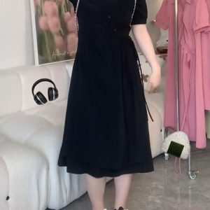 Plus-Size Slimming Dress for Women with Tie Waist, Concealed Belly, Short Sleeve, High-End Feel, Perfect for Summer Events