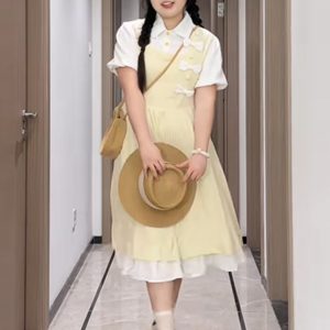 Plus-Size Slimming Forest Bow-Tie Waist Long Dress - Summer Sweet College Style First Love Fake Two-Piece Dress