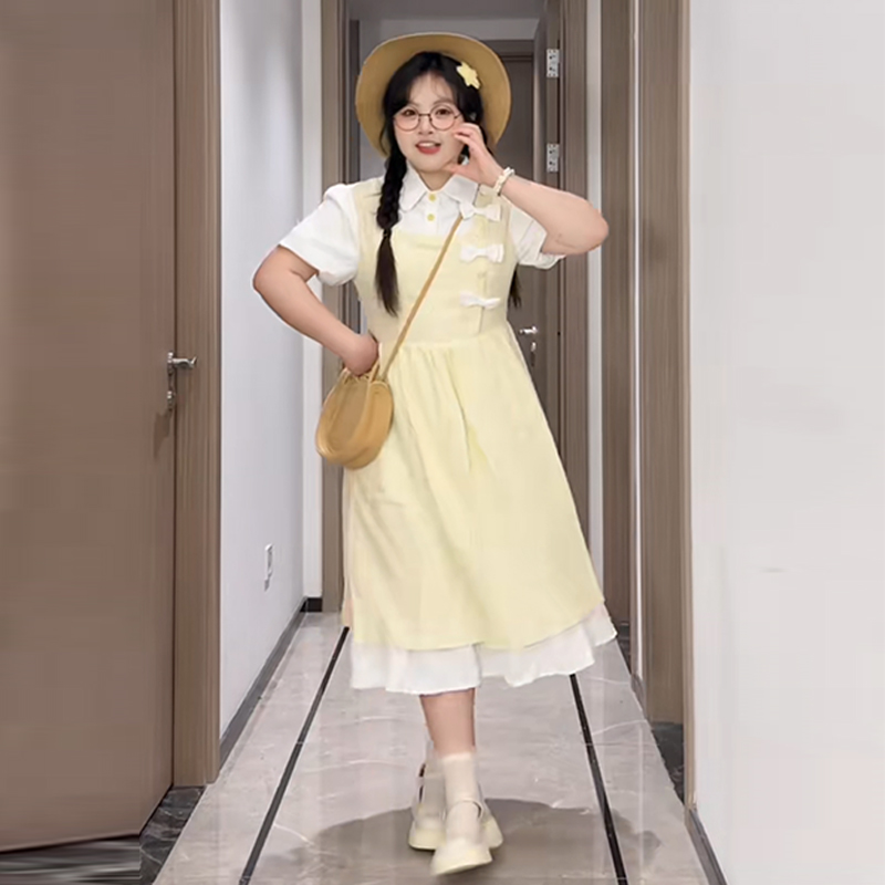 Plus-Size Slimming Forest Bow-Tie Waist Long Dress - Summer Sweet College Style First Love Fake Two-Piece Dress