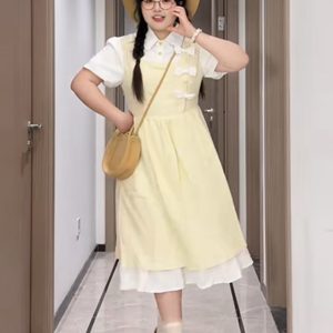 Plus-Size Slimming Forest Bow-Tie Waist Long Dress - Summer Sweet College Style First Love Fake Two-Piece Dress