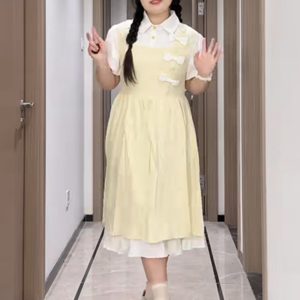Plus-Size Slimming Forest Bow-Tie Waist Long Dress - Summer Sweet College Style First Love Fake Two-Piece Dress