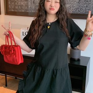 Plus Size Slimming Little Black Dress for Women - Gold Lace Edge Design, Summer 2025 New Style for Curvy Figures