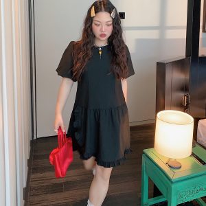 Plus Size Slimming Little Black Dress for Women - Gold Lace Edge Design, Summer 2025 New Style for Curvy Figures