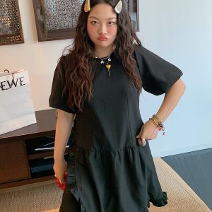 Plus Size Slimming Little Black Dress for Women - Gold Lace Edge Design, Summer 2025 New Style for Curvy Figures