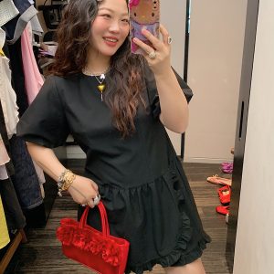 Plus Size Slimming Little Black Dress for Women - Gold Lace Edge Design, Summer 2025 New Style for Curvy Figures