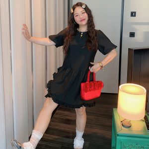 Plus Size Slimming Little Black Dress for Women - Gold Lace Edge Design, Summer 2025 New Style for Curvy Figures