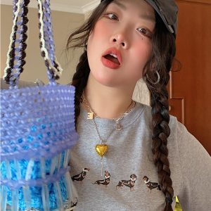 Plus Size Slimming Pearl Short Sleeve T-Shirt for Women - Summer 2025 Round Neck Top with Straight Shoulders, Y2K Style