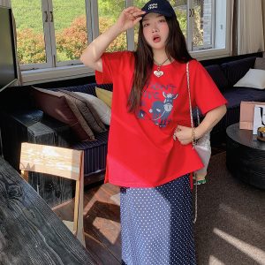 Plus Size Slimming Red Printed Short Sleeve T-Shirt for Women - Summer 2025 Gold Big Support Design