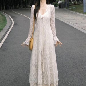 Plus-Size Slimming Two-Piece Summer Dress Cardigan Set with Elegant Jacquard Lace Camisole – Perfect for Chic Casual Outings