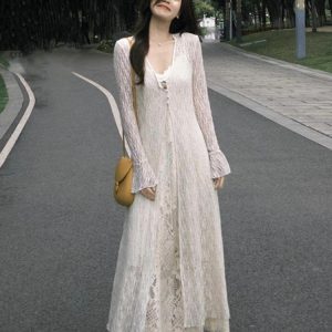 Plus-Size Slimming Two-Piece Summer Dress Cardigan Set with Elegant Jacquard Lace Camisole – Perfect for Chic Casual Outings