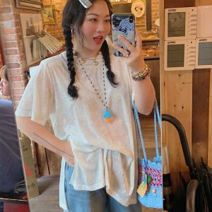 Plus Size Slit Diamond T-Shirt for Women - Short Sleeve White Top, 2025 Spring/Summer Fashion for Curvy Figures, Trendy Style