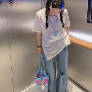 Plus Size Slit Diamond T-Shirt for Women - Short Sleeve White Top, 2025 Spring/Summer Fashion for Curvy Figures, Trendy Style