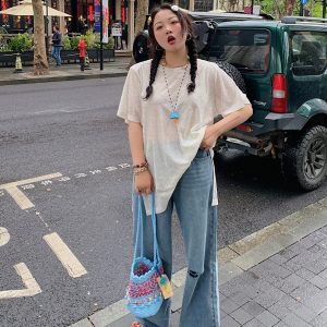 Plus Size Slit Diamond T-Shirt for Women - Short Sleeve White Top, 2025 Spring/Summer Fashion for Curvy Figures, Trendy Style