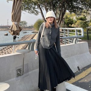 Plus Size Solid Color Midi Skirt for Autumn Winter - Thickened Pleated Warm Versatile Basic Style