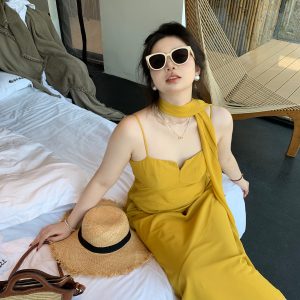 Plus Size Spaghetti Strap Beach Vacation Dress in Ginger Yellow, Flattering for Fair Skin, Slightly Chubby City Escape Style