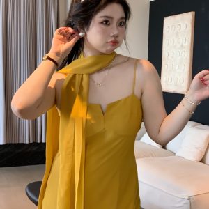 Plus Size Spaghetti Strap Beach Vacation Dress in Ginger Yellow, Flattering for Fair Skin, Slightly Chubby City Escape Style