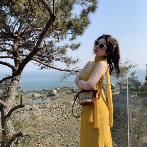 Plus Size Spaghetti Strap Beach Vacation Dress in Ginger Yellow, Flattering for Fair Skin, Slightly Chubby City Escape Style