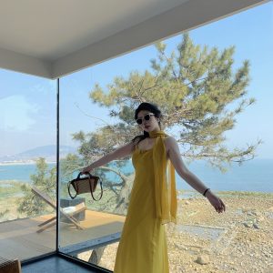 Plus Size Spaghetti Strap Beach Vacation Dress in Ginger Yellow, Flattering for Fair Skin, Slightly Chubby City Escape Style