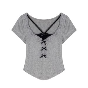 Plus Size Spicy Girl Lace Fake Two-Piece T-Shirt for Women - Summer Slim Fit, Tummy-Covering Stunning Top