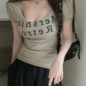 Plus-Size Spicy Girl U-Neck Short Sleeve T-Shirt for Women - Summer American Style, Slim Fit, Flattering Belly Design, Trendy Fashion