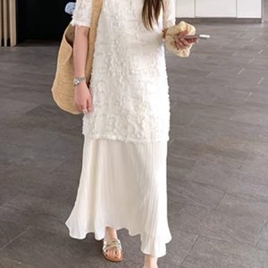 Plus Size Spliced Chiffon Loose Dress for Women, French Style Short Sleeve, Flattering Fit, Hides Belly, Elegant Casual Wear