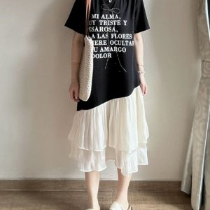 Plus Size Spliced Fake Two-Piece Dress for Women, Flattering Loose Fit, Stylish Design, Hides Belly, Perfect for Curvy Figures