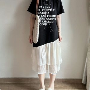 Plus Size Spliced Fake Two-Piece Dress for Women, Flattering Loose Fit, Stylish Design, Hides Belly, Perfect for Curvy Figures