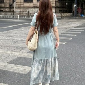 Plus Size Spliced Strap Short Sleeve Dress for Women - 2025 New Slimming Cover-Up, Trendy Long Dress for Summer