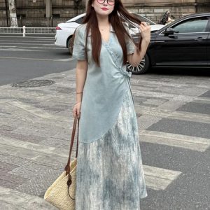 Plus Size Spliced Strap Short Sleeve Dress for Women - 2025 New Slimming Cover-Up, Trendy Long Dress for Summer