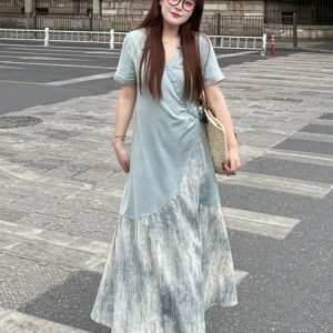 Plus Size Spliced Strap Short Sleeve Dress for Women - 2025 New Slimming Cover-Up, Trendy Long Dress for Summer