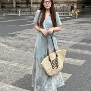 Plus Size Spliced Strap Short Sleeve Dress for Women - 2025 New Slimming Cover-Up, Trendy Long Dress for Summer