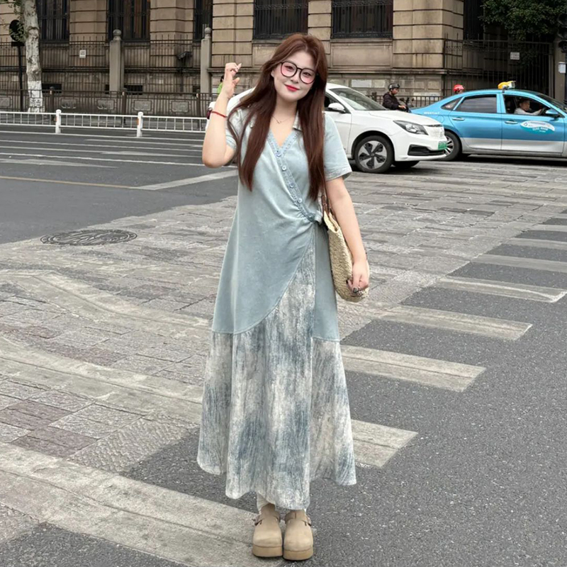 Plus Size Spliced Strap Short Sleeve Dress for Women - 2025 New Slimming Cover-Up, Trendy Long Dress for Summer