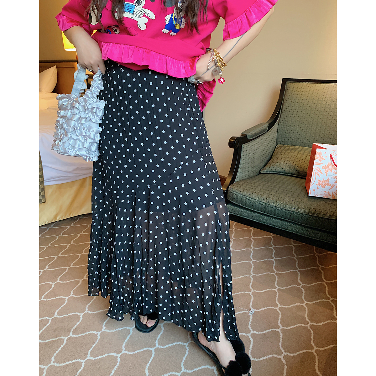 Plus Size Split Dot Midi Skirt for Women - Slimming Long Skirt for Summer 2025 - Casual Chic Style for Curvy Girls
