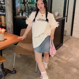 Plus Size Split Short Sleeve T-Shirt for Women - Trendy White Summer Top, Fashionable Niche Design for 2025